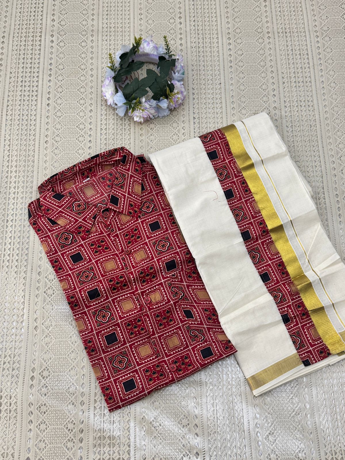 Traditional Mundu & Printed Shirt Set